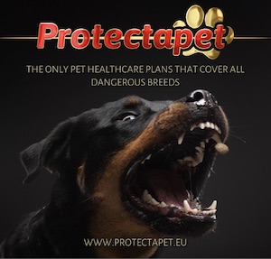 Barking Rottweiler dog advertises that Protectapet covers all dangerous dog breeds.